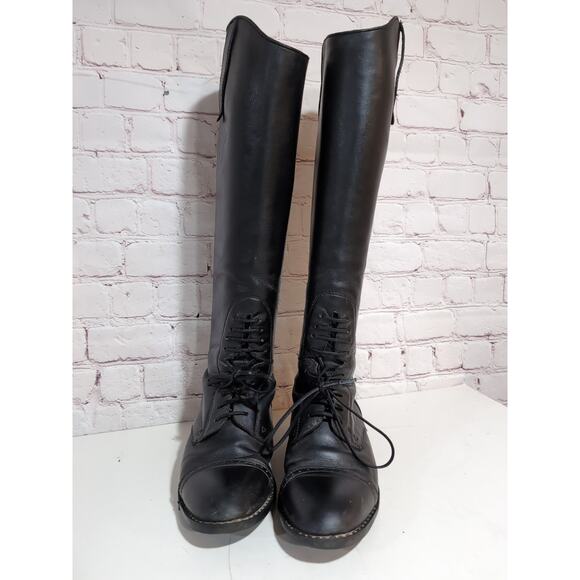 Tall Riding Boots Women's 6.5 Field Black Leather Back Zip Equestrian Front Lace - Picture 8 of 16